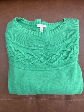 Talbots Mint Green Cable-Front Crewneck Sweater
